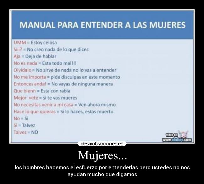 Mujeres... - los hombres hacemos el esfuerzo por entenderlas pero ustedes no nos
ayudan mucho que digamos