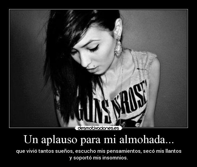 Un aplauso para mi almohada... - que vivió tantos sueños, escucho mis pensamientos, secó mis llantos
y soportó mis insomnios.