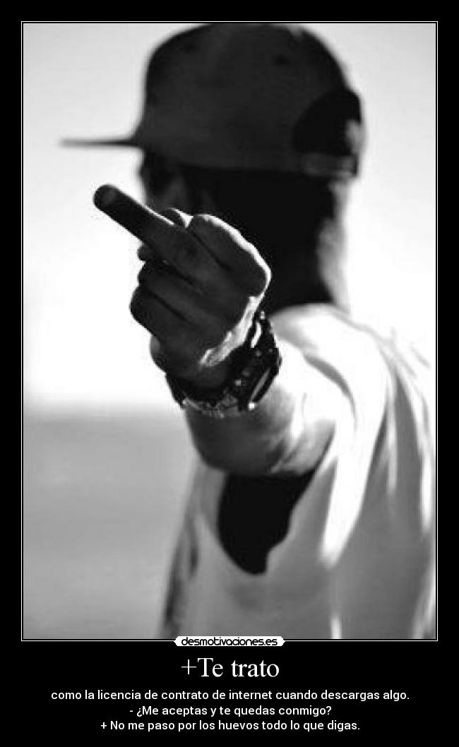 +Te trato - como la licencia de contrato de internet cuando descargas algo.
- ¿Me aceptas y te quedas conmigo?
+ No me paso por los huevos todo lo que digas.