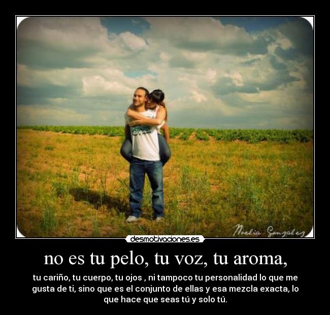 no es tu pelo, tu voz, tu aroma, - tu cariño, tu cuerpo, tu ojos , ni tampoco tu personalidad lo que me
gusta de ti, sino que es el conjunto de ellas y esa mezcla exacta, lo
que hace que seas tú y solo tú.