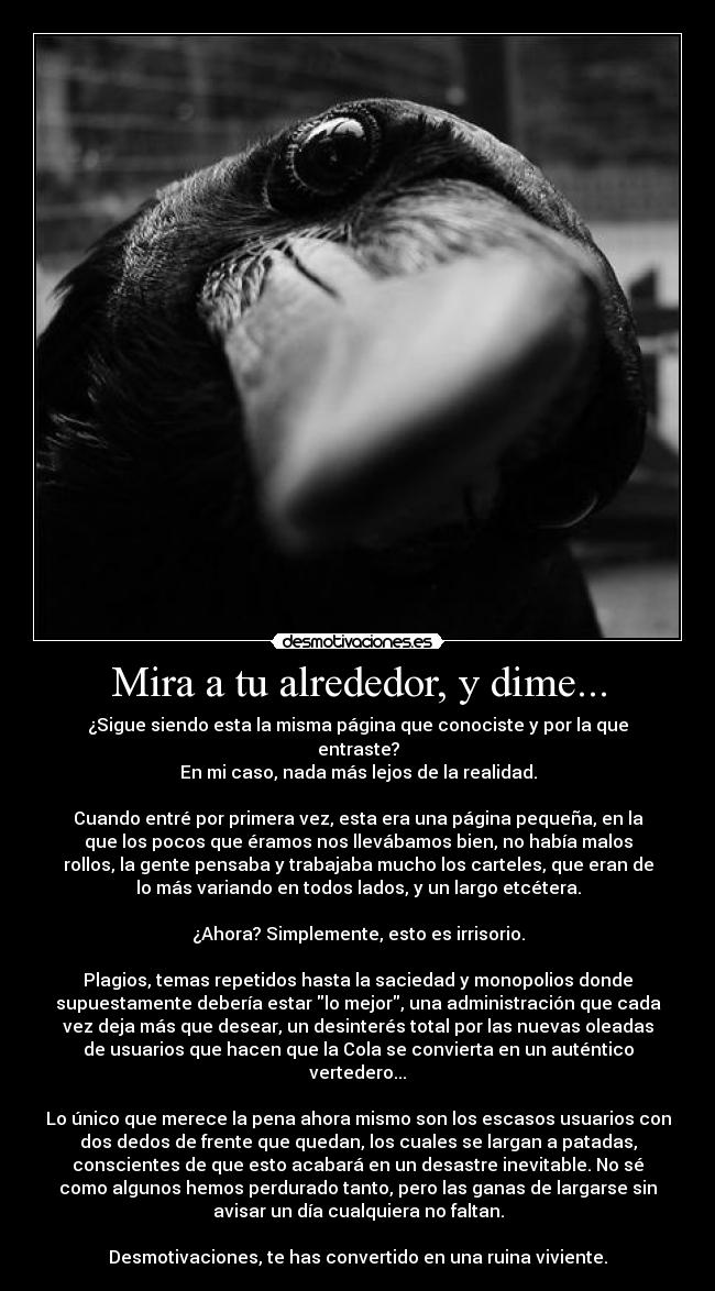 Mira a tu alrededor, y dime... - ¿Sigue siendo esta la misma página que conociste y por la que
entraste?
En mi caso, nada más lejos de la realidad.
Cuando entré por primera vez, esta era una página pequeña, en la
que los pocos que éramos nos llevábamos bien, no había malos
rollos, la gente pensaba y trabajaba mucho los carteles, que eran de
lo más variando en todos lados, y un largo etcétera.
¿Ahora? Simplemente, esto es irrisorio.
Plagios, temas repetidos hasta la saciedad y monopolios donde
supuestamente debería estar lo mejor, una administración que cada
vez deja más que desear, un desinterés total por las nuevas oleadas
de usuarios que hacen que la Cola se convierta en un auténtico
vertedero...
Lo único que merece la pena ahora mismo son los escasos usuarios con
dos dedos de frente que quedan, los cuales se largan a patadas,
conscientes de que esto acabará en un desastre inevitable. No sé
como algunos hemos perdurado tanto, pero las ganas de largarse sin
avisar un día cualquiera no faltan.
Desmotivaciones, te has convertido en una ruina viviente.