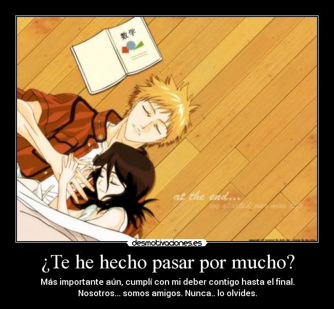 ¿Te he hecho pasar por mucho? - Más importante aún, cumplí con mi deber contigo hasta el final.
Nosotros... somos amigos. Nunca.. lo olvides.