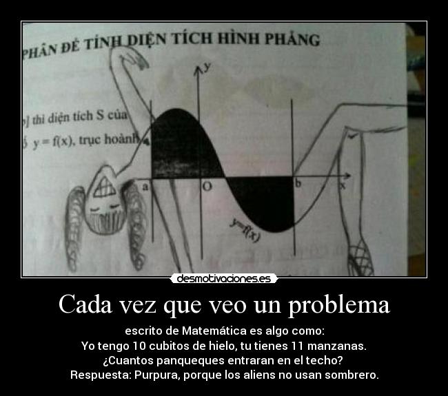 Cada vez que veo un problema - escrito de Matemática es algo como:
Yo tengo 10 cubitos de hielo, tu tienes 11 manzanas.
¿Cuantos panqueques entraran en el techo? 
Respuesta: Purpura, porque los aliens no usan sombrero.