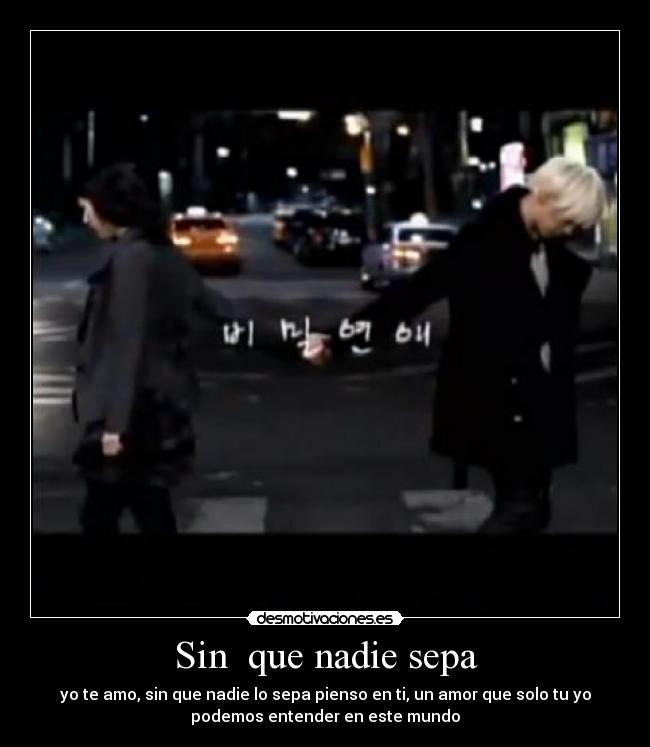 Sin que nadie sepa - yo te amo, sin que nadie lo sepa pienso en ti, un amor que solo tu yo
podemos entender en este mundo
