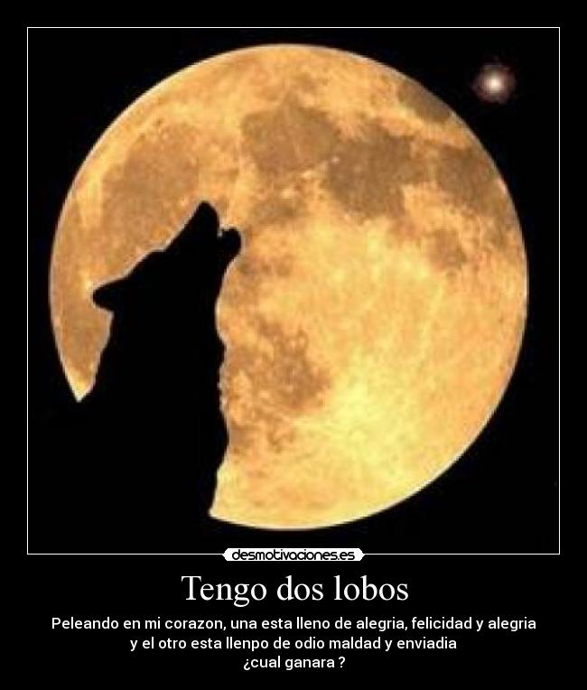 Tengo dos lobos - Peleando en mi corazon, una esta lleno de alegria, felicidad y alegria
y el otro esta llenpo de odio maldad y enviadia
¿cual ganara ?