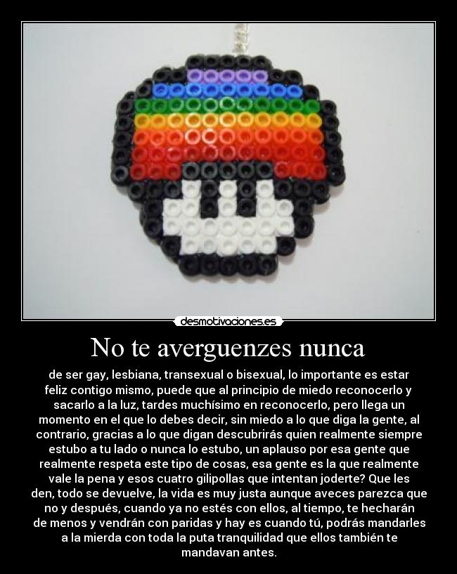 No te averguenzes nunca - de ser gay, lesbiana, transexual o bisexual, lo importante es estar
feliz contigo mismo, puede que al principio de miedo reconocerlo y
sacarlo a la luz, tardes muchísimo en reconocerlo, pero llega un
momento en el que lo debes decir, sin miedo a lo que diga la gente, al
contrario, gracias a lo que digan descubrirás quien realmente siempre
estubo a tu lado o nunca lo estubo, un aplauso por esa gente que
realmente respeta este tipo de cosas, esa gente es la que realmente
vale la pena y esos cuatro gilipollas que intentan joderte? Que les
den, todo se devuelve, la vida es muy justa aunque aveces parezca que
no y después, cuando ya no estés con ellos, al tiempo, te hecharán
de menos y vendrán con paridas y hay es cuando tú, podrás mandarles
a la mierda con toda la puta tranquilidad que ellos también te
mandavan antes.