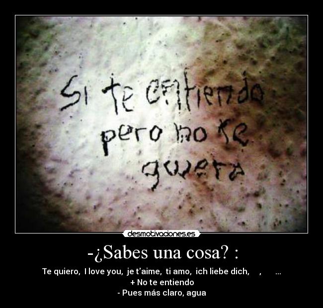 -¿Sabes una cosa? : - Te quiero, I love you, je taime, ti amo, ich liebe dich, 我愛你, أحبك ...
+ No te entiendo
- Pues más claro, agua