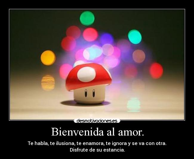 Bienvenida al amor. - Te habla, te ilusiona, te enamora, te ignora y se va con otra. Disfrute de su estancia.