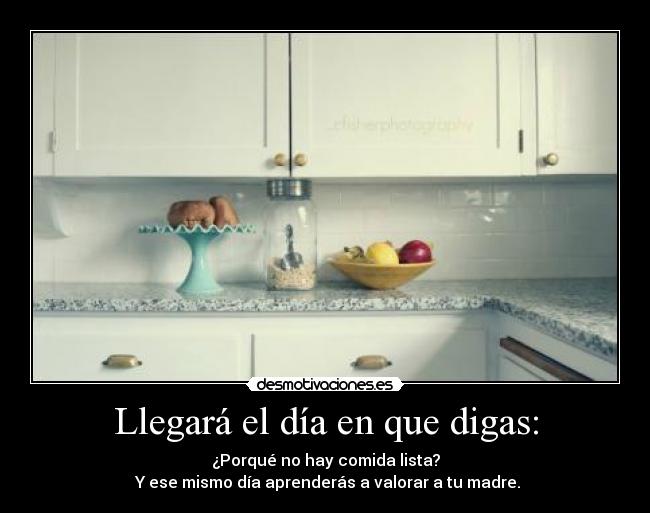 Llegará el día en que digas: - ¿Porqué no hay comida lista?
Y ese mismo día aprenderás a valorar a tu madre.
