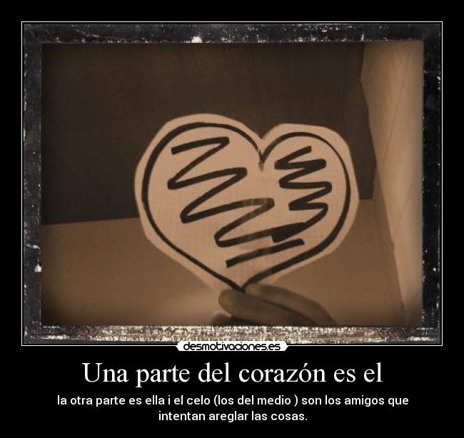 Una parte del corazón es el - la otra parte es ella i el celo (los del medio ) son los amigos que
intentan areglar las cosas.