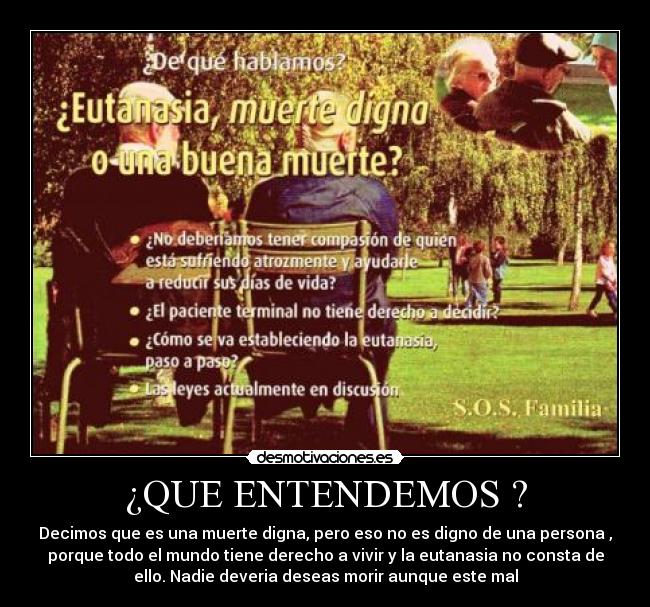 ¿QUE ENTENDEMOS ? - Decimos que es una muerte digna, pero eso no es digno de una persona ,
porque todo el mundo tiene derecho a vivir y la eutanasia no consta de
ello. Nadie deveria deseas morir aunque este mal
