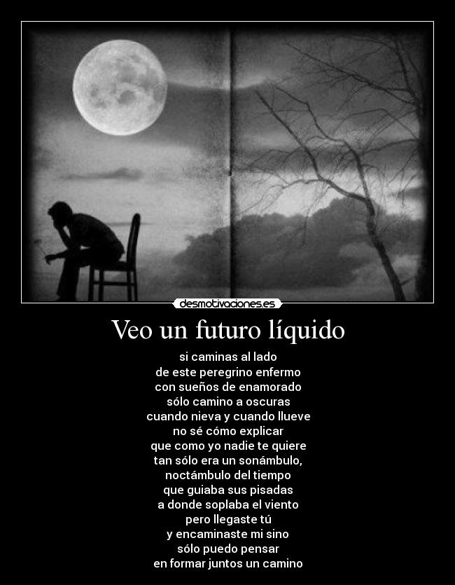 Veo un futuro líquido - si caminas al lado
de este peregrino enfermo
con sueños de enamorado
sólo camino a oscuras
cuando nieva y cuando llueve
no sé cómo explicar
que como yo nadie te quiere
tan sólo era un sonámbulo,
noctámbulo del tiempo
que guiaba sus pisadas
a donde soplaba el viento
pero llegaste tú
y encaminaste mi sino
sólo puedo pensar
en formar juntos un camino