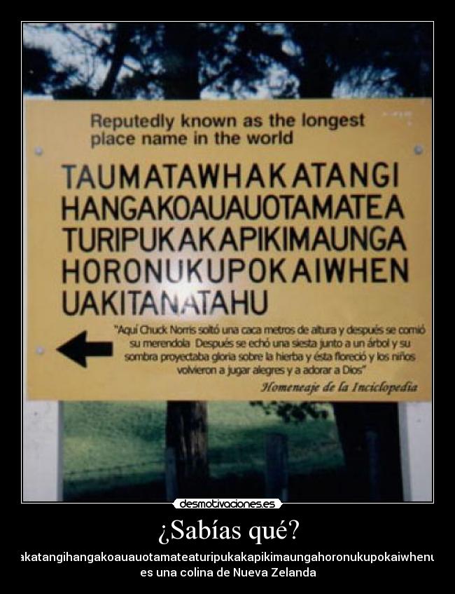 ¿Sabías qué? - Taumatawhakatangihangakoauauotamateaturipukakapikimaungahoronukupokaiwhenuakitanatahu
es una colina de Nueva Zelanda