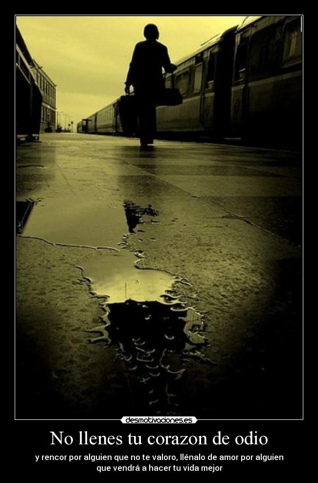 No llenes tu corazon de odio - y rencor por alguien que no te valoro, llénalo de amor por alguien
que vendrá a hacer tu vida mejor