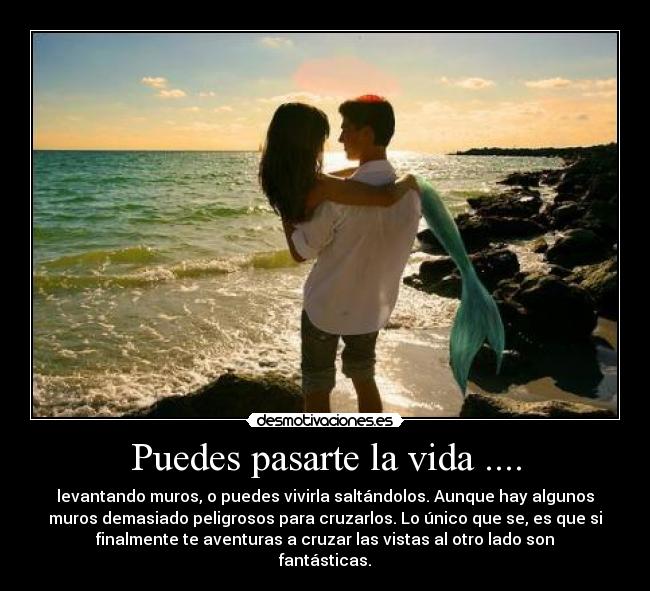 Puedes pasarte la vida .... - levantando muros, o puedes vivirla saltándolos. Aunque hay algunos
muros demasiado peligrosos para cruzarlos. Lo único que se, es que si
finalmente te aventuras a cruzar las vistas al otro lado son
fantásticas.