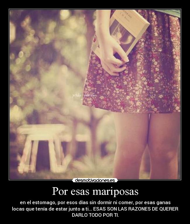 Por esas mariposas - en el estomago, por esos días sin dormir ni comer, por esas ganas
locas que tenía de estar junto a ti... ESAS SON LAS RAZONES DE QUERER
DARLO TODO POR TI.