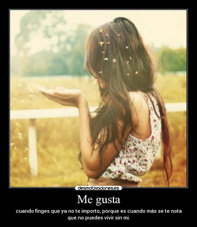 Me gusta - cuando finges que ya no te importo, porque es cuando más se te nota
que no puedes vivir sin mi.