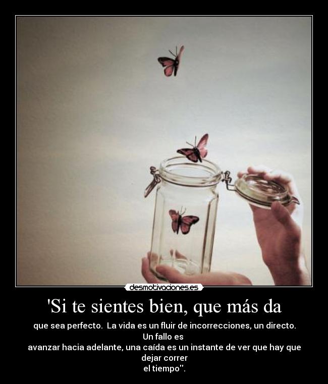 Si te sientes bien, que más da - que sea perfecto. La vida es un fluir de incorrecciones, un directo. Un fallo es
avanzar hacia adelante, una caída es un instante de ver que hay que dejar correr
el tiempo.