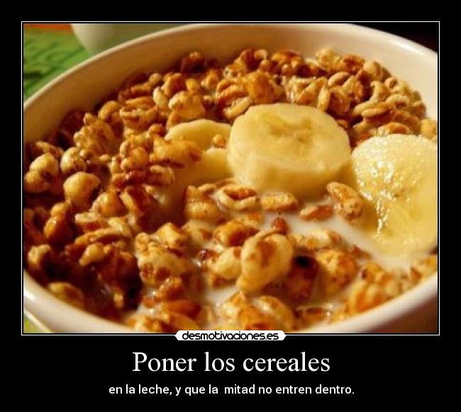 Poner los cereales - en la leche, y que la mitad no entren dentro.