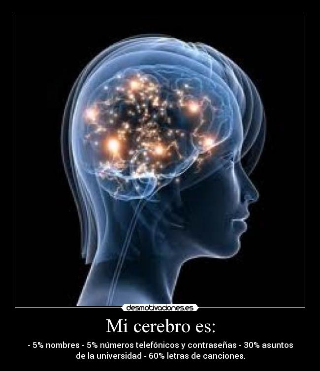 Mi cerebro es: - - 5% nombres - 5% números telefónicos y contraseñas - 30% asuntos
de la universidad - 60% letras de canciones.