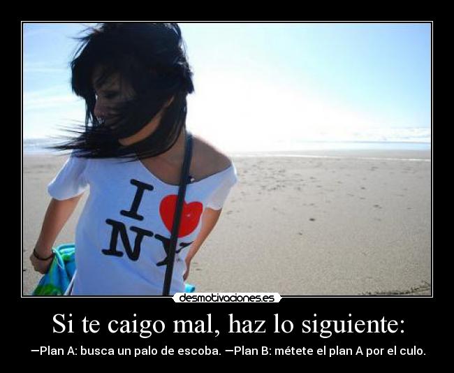 Si te caigo mal, haz lo siguiente: - —Plan A: busca un palo de escoba. —Plan B: métete el plan A por el culo.