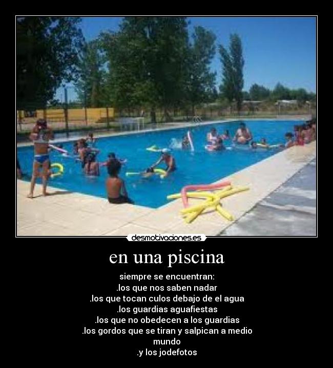 en una piscina - siempre se encuentran:
.los que nos saben nadar
.los que tocan culos debajo de el agua
.los guardias aguafiestas
.los que no obedecen a los guardias
.los gordos que se tiran y salpican a medio
mundo
.y los jodefotos