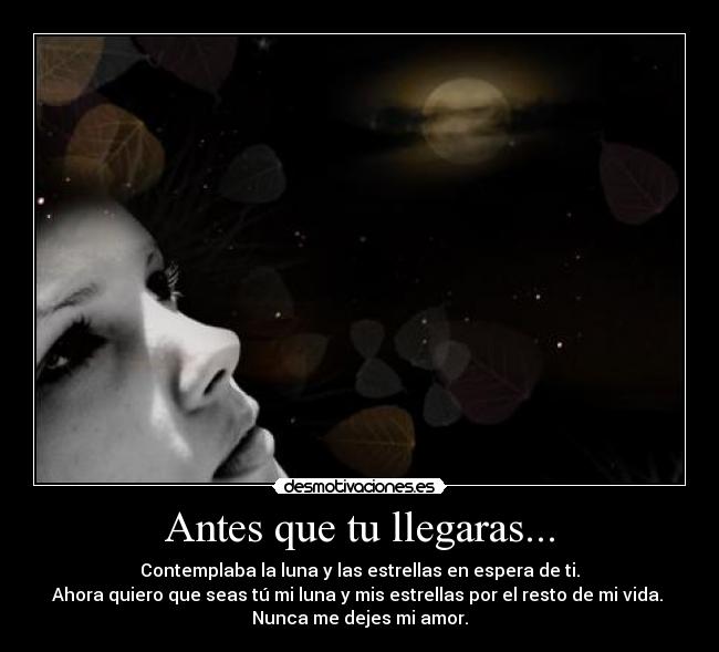 Antes que tu llegaras... - Contemplaba la luna y las estrellas en espera de ti.
Ahora quiero que seas tú mi luna y mis estrellas por el resto de mi vida.
Nunca me dejes mi amor.