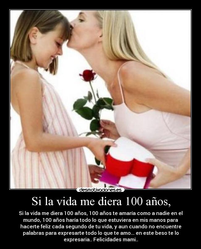 Si la vida me diera 100 años, - Si la vida me diera 100 años, 100 años te amaría como a nadie en el
mundo, 100 años haría todo lo que estuviera en mis manos para
hacerte feliz cada segundo de tu vida, y aun cuando no encuentre
palabras para expresarte todo lo que te amo... en este beso te lo
expresaria.. Felicidades mami..