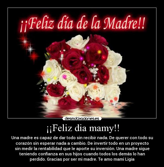 ¡¡Feliz dia mamy!! - Una madre es capaz de dar todo sin recibir nada. De querer con todo su
corazón sin esperar nada a cambio. De invertir todo en un proyecto
sin medir la rentabilidad que le aporte su inversión. Una madre sigue
teniendo confianza en sus hijos cuando todos los demás lo han
perdido. Gracias por ser mi madre. Te amo mami Ligia