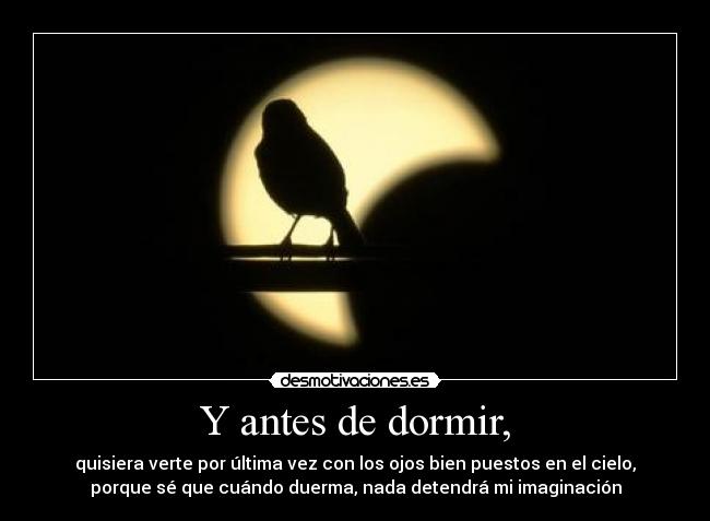 Y antes de dormir, - quisiera verte por última vez con los ojos bien puestos en el cielo,
porque sé que cuándo duerma, nada detendrá mi imaginación