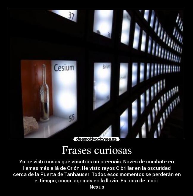 Frases curiosas - Yo he visto cosas que vosotros no creeríais. Naves de combate en
llamas más allá de Orión. He visto rayos C brillar en la oscuridad
cerca de la Puerta de Tanhäuser. Todos esos momentos se perderán en
el tiempo, como lágrimas en la lluvia. Es hora de morir.
Nexus