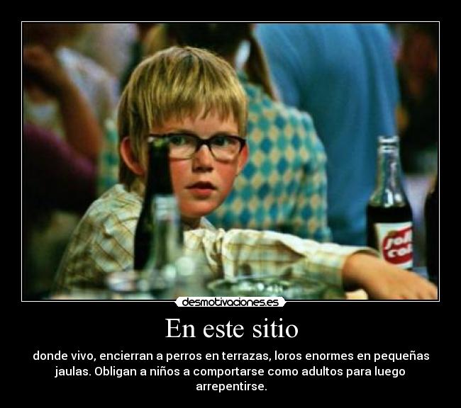 En este sitio - donde vivo, encierran a perros en terrazas, loros enormes en pequeñas
jaulas. Obligan a niños a comportarse como adultos para luego
arrepentirse.