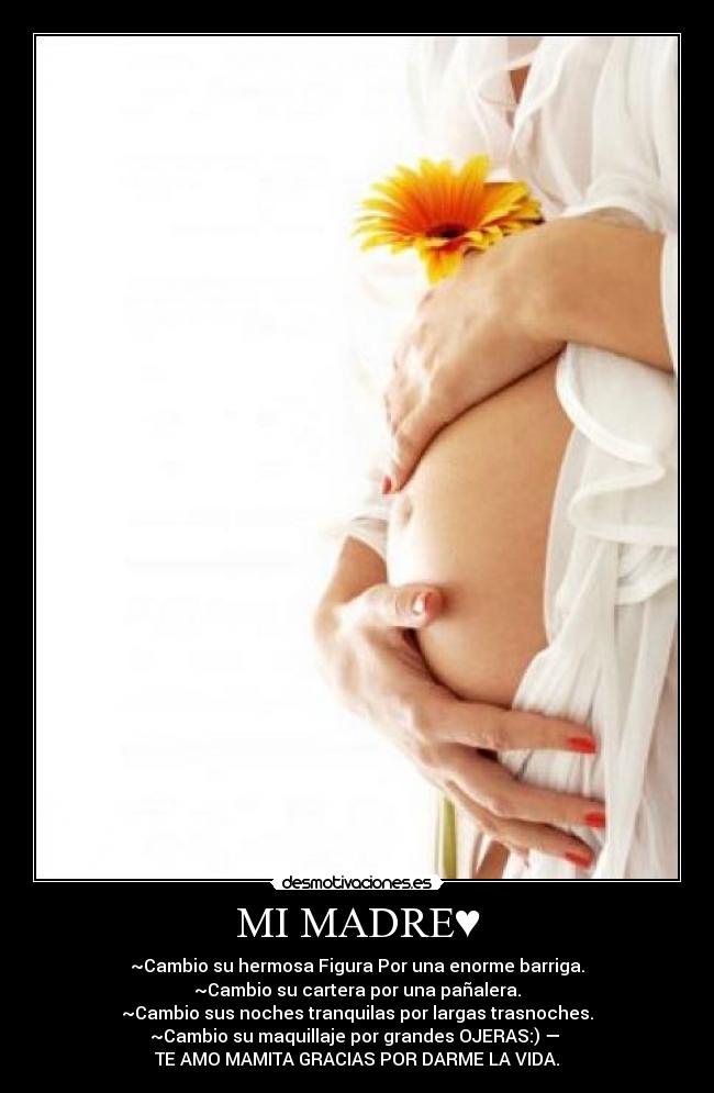 MI MADRE♥ - ~Cambio su hermosa Figura Por una enorme barriga.
~Cambio su cartera por una pañalera.
~Cambio sus noches tranquilas por largas trasnoches.
~Cambio su maquillaje por grandes OJERAS:) — 
TE AMO MAMITA GRACIAS POR DARME LA VIDA.
