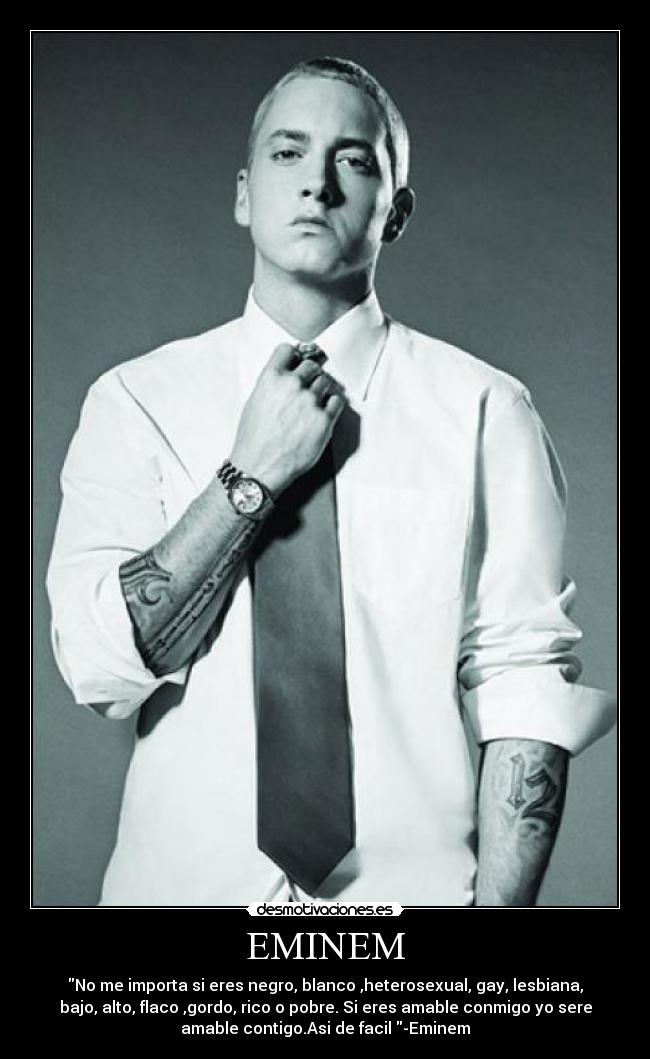 EMINEM - No me importa si eres negro, blanco ,heterosexual, gay, lesbiana,
bajo, alto, flaco ,gordo, rico o pobre. Si eres amable conmigo yo sere
amable contigo.Asi de facil -Eminem