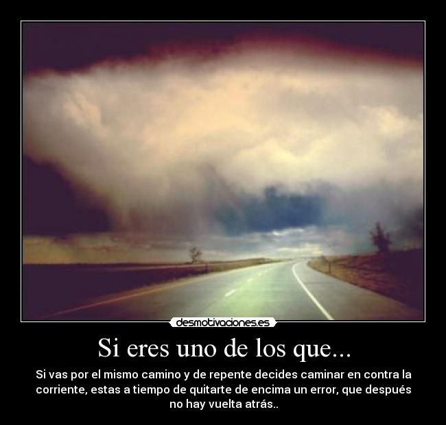 Si eres uno de los que... - Si vas por el mismo camino y de repente decides caminar en contra la
corriente, estas a tiempo de quitarte de encima un error, que después
no hay vuelta atrás..