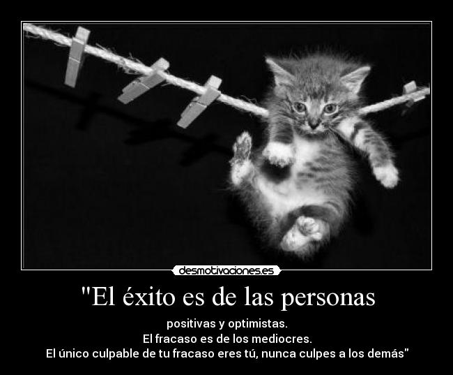 El éxito es de las personas - positivas y optimistas.
El fracaso es de los mediocres.
El único culpable de tu fracaso eres tú, nunca culpes a los demás