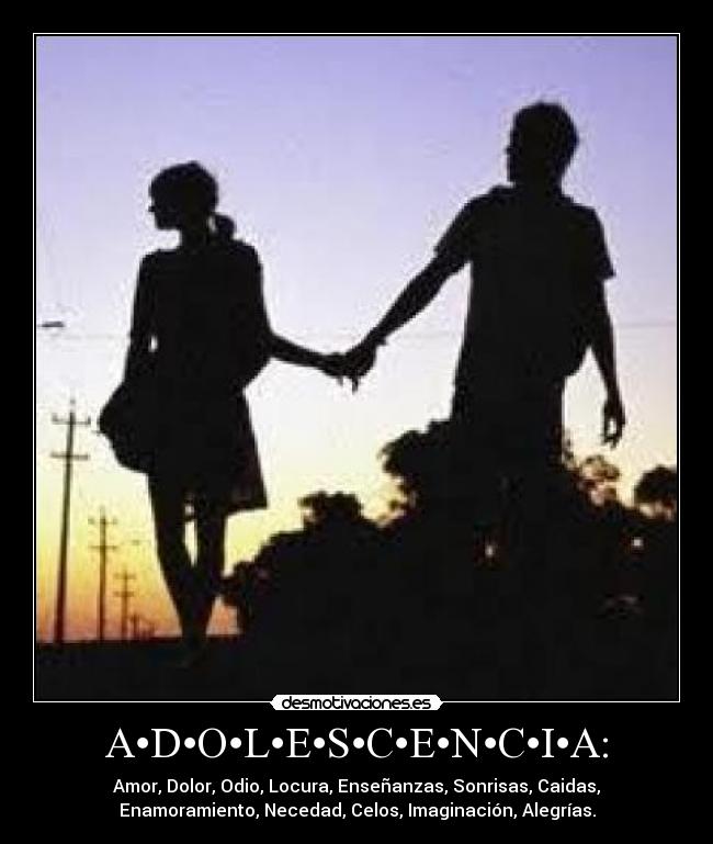 A•D•O•L•E•S•C•E•N•C•I•A: - Amor, Dolor, Odio, Locura, Enseñanzas, Sonrisas, Caidas,
Enamoramiento, Necedad, Celos, Imaginación, Alegrías.