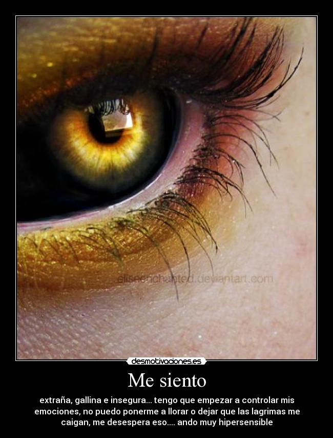 Me siento - extraña, gallina e insegura... tengo que empezar a controlar mis
emociones, no puedo ponerme a llorar o dejar que las lagrimas me
caigan, me desespera eso.... ando muy hipersensible