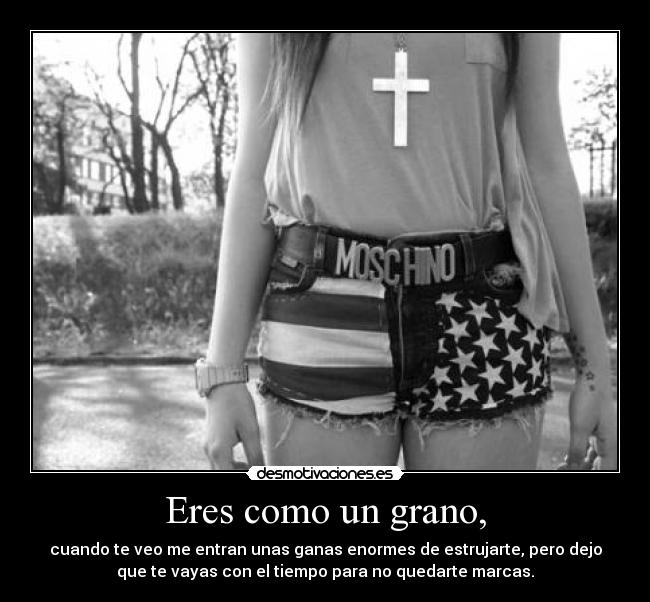 Eres como un grano, - cuando te veo me entran unas ganas enormes de estrujarte, pero dejo
que te vayas con el tiempo para no quedarte marcas.