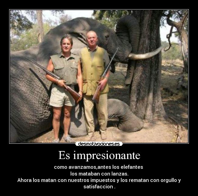 Es impresionante - como avanzamos,antes los elefantes
los mataban con lanzas.
Ahora los matan con nuestros impuestos y los rematan con orgullo y satisfaccion .