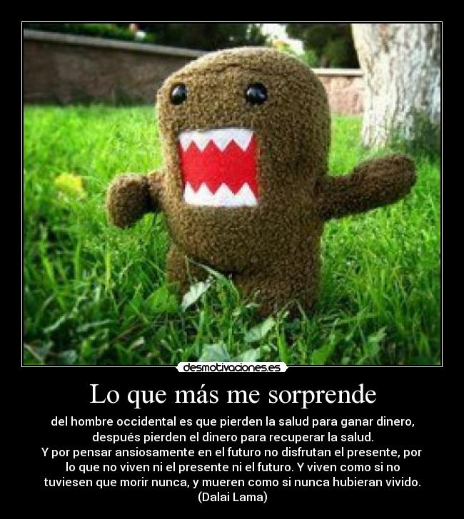 Lo que más me sorprende - del hombre occidental es que pierden la salud para ganar dinero,
después pierden el dinero para recuperar la salud.
Y por pensar ansiosamente en el futuro no disfrutan el presente, por
lo que no viven ni el presente ni el futuro. Y viven como si no
tuviesen que morir nunca, y mueren como si nunca hubieran vivido.
(Dalai Lama)