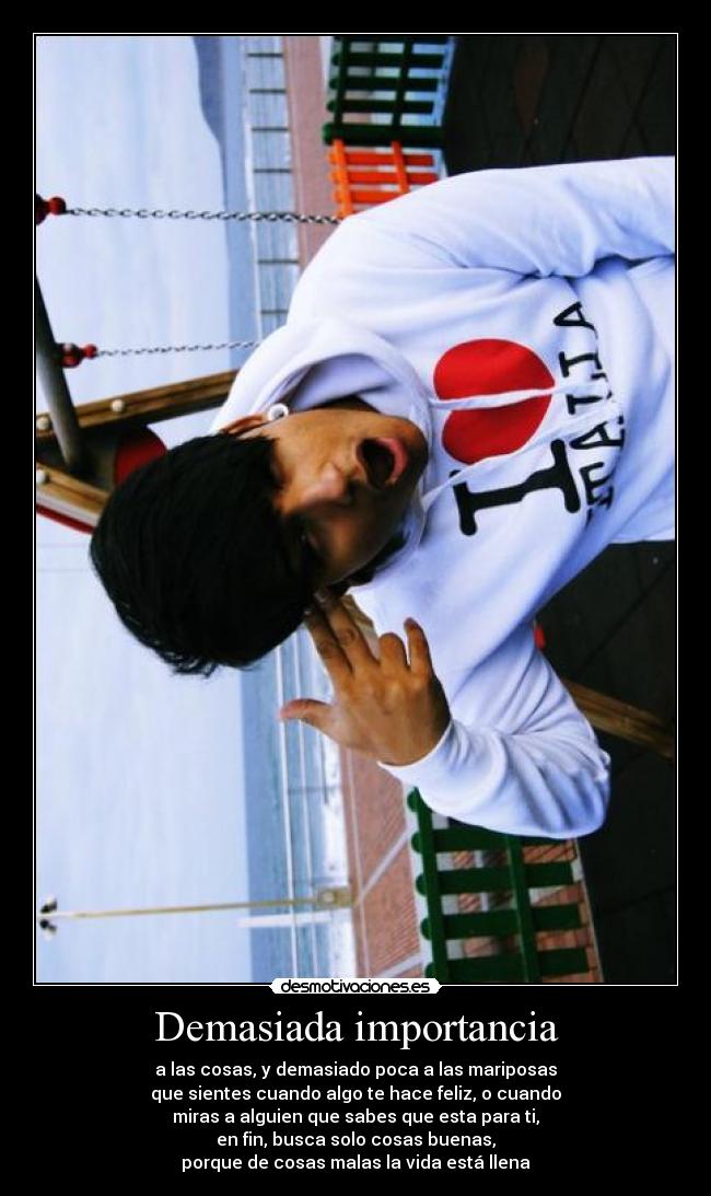 Demasiada importancia - a las cosas, y demasiado poca a las mariposas
que sientes cuando algo te hace feliz, o cuando
miras a alguien que sabes que esta para ti,
en fin, busca solo cosas buenas,
porque de cosas malas la vida está llena