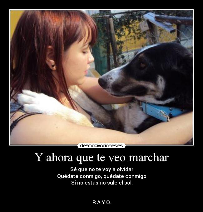 Y ahora que te veo marchar - Sé que no te voy a olvidar
Quédate conmigo, quédate conmigo
Si no estás no sale el sol.
R A Y O.