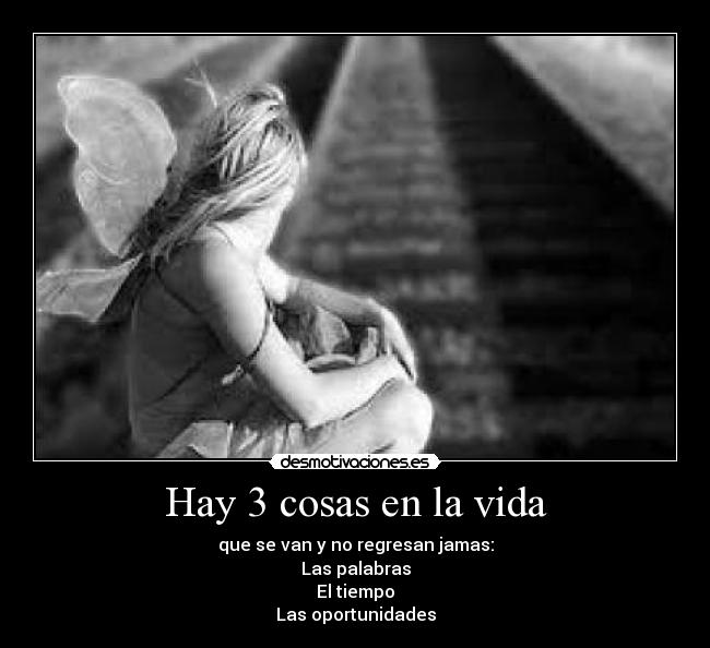 Hay 3 cosas en la vida - que se van y no regresan jamas:
Las palabras
El tiempo
Las oportunidades
