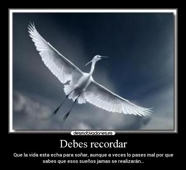 Debes recordar - Que la vida esta echa para soñar, aunque a veces lo pases mal por que
sabes que esos sueños jamas se realizarán...