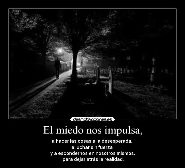 El miedo nos impulsa, - a hacer las cosas a la desesperada, 
a luchar sin fuerza 
y a escondernos en nosotros mismos,
 para dejar atrás la realidad.