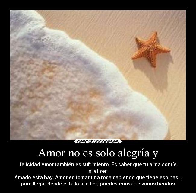 Amor no es solo alegría y - felicidad Amor también es sufrimiento, Es saber que tu alma sonríe si el ser
Amado esta hay, Amor es tomar una rosa sabiendo que tiene espinas...
para llegar desde el tallo a la flor, puedes causarte varias heridas.