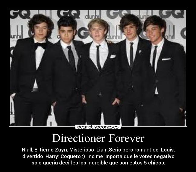 Directioner Forever - Niall: El tierno Zayn: Misterioso  Liam:Serio pero romantico  Louis:
divertido  Harry: Coqueto :)   no me importa que le votes negativo
solo queria decirles los increible que son estos 5 chicos.