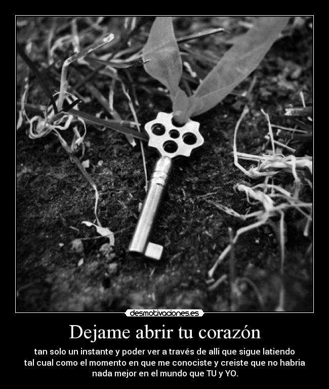 Dejame abrir tu corazón - tan solo un instante y poder ver a través de alli que sigue latiendo
tal cual como el momento en que me conociste y creiste que no habria
nada mejor en el mundo que TU y YO.