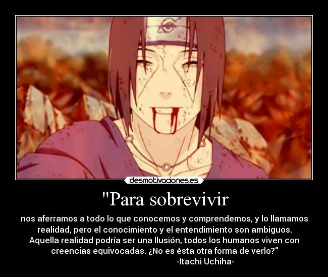 Para sobrevivir - nos aferramos a todo lo que conocemos y comprendemos, y lo llamamos
realidad, pero el conocimiento y el entendimiento son ambiguos.
Aquella realidad podría ser una Ilusión, todos los humanos viven con
creencias equivocadas. ¿No es ésta otra forma de verlo?
-Itachi Uchiha-